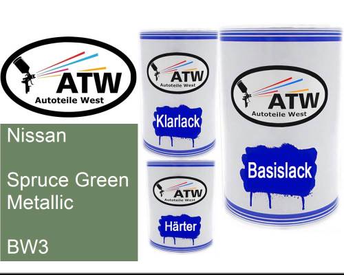 Nissan, Spruce Green Metallic, BW3: 500ml Lackdose + 500ml Klarlack + 250ml Härter - Set, von ATW Autoteile West.